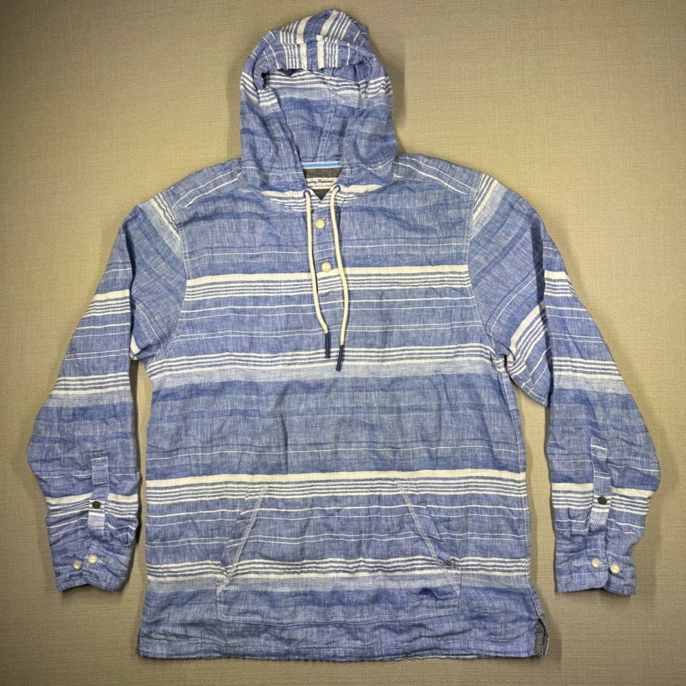 Tommy Bahama Mens Barbados Breeze Hoodie Blue White Stripe Linen Size Large